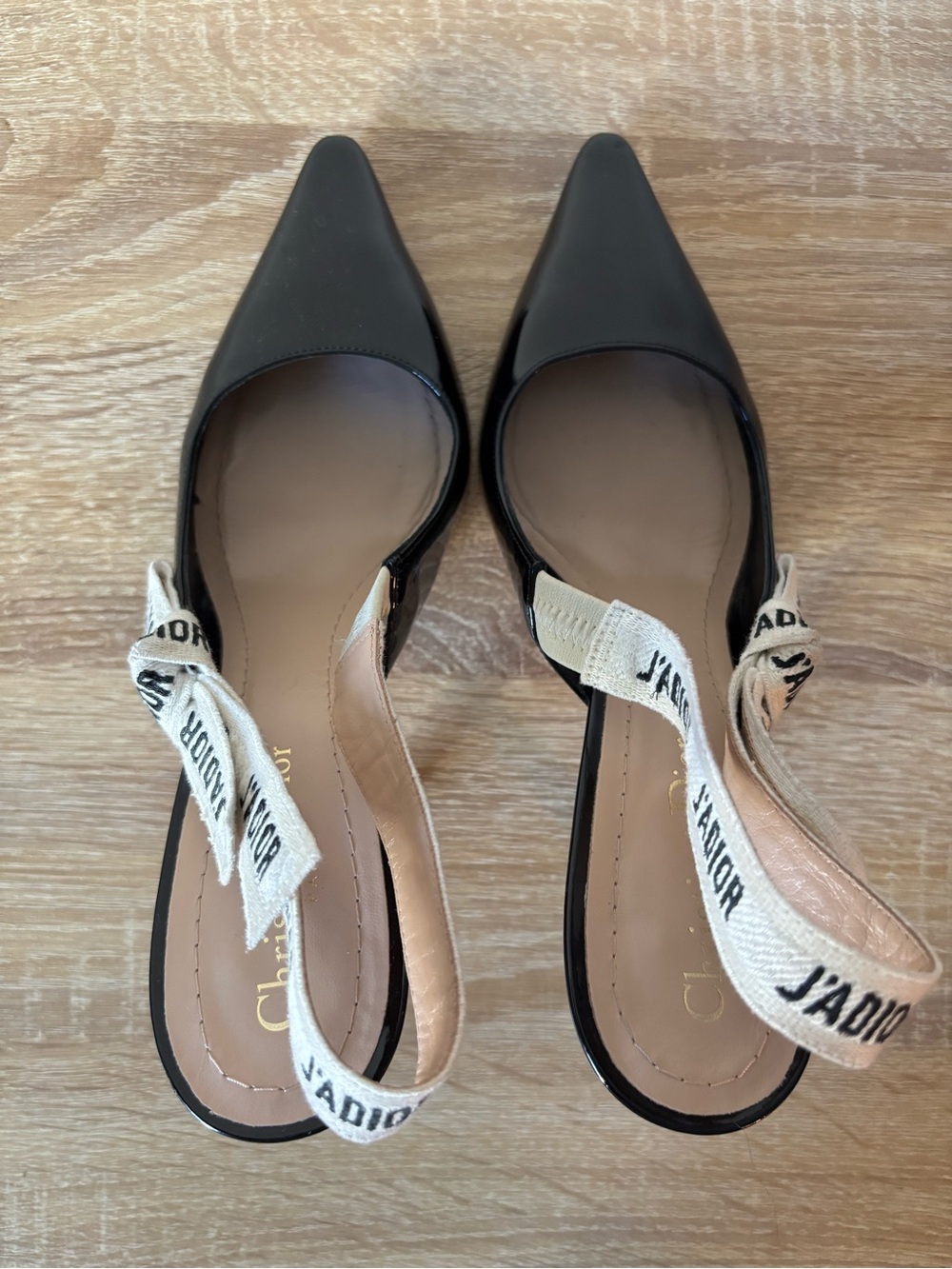 Dior Black Patent Pointed Slingback Pump with White J'Adior Straps - Picture 7 of 8